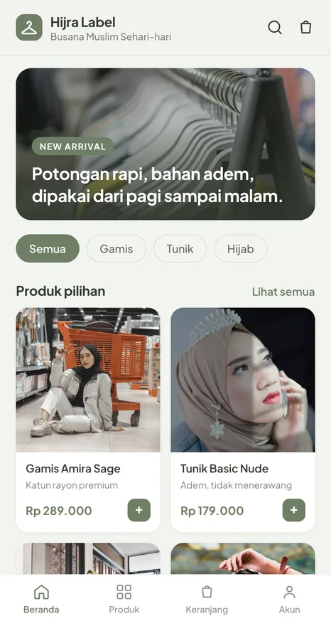 Contoh tampilan toko Hijra Label, kategori Fashion muslim
