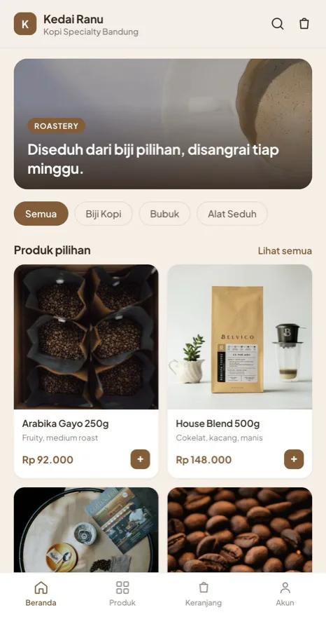 Contoh tampilan toko Kedai Ranu, kategori Kopi dan roastery