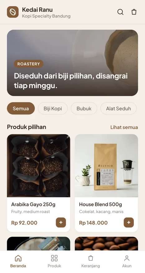 Contoh tampilan toko Kedai Ranu, kategori Kopi dan roastery