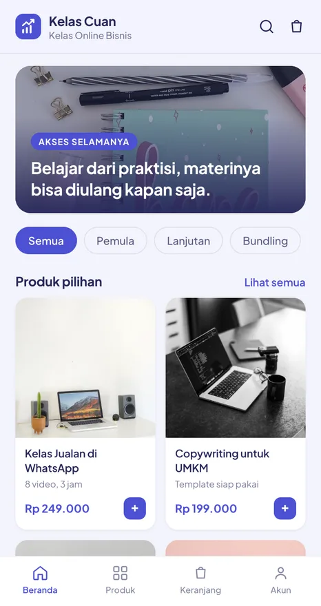 Contoh tampilan toko Kelas Cuan, kategori Kelas online