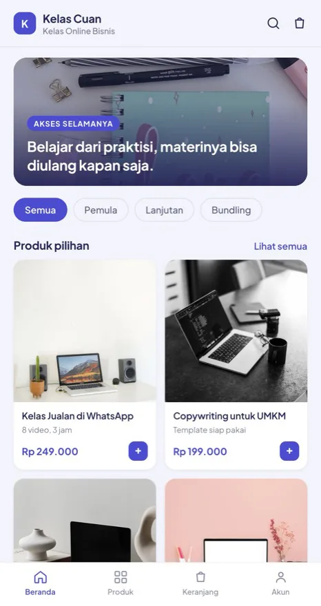 Contoh tampilan toko Kelas Cuan, kategori Kelas online