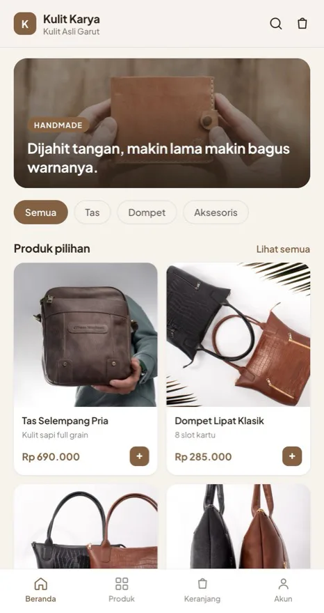 Contoh tampilan toko Kulit Karya, kategori Tas dan aksesoris
