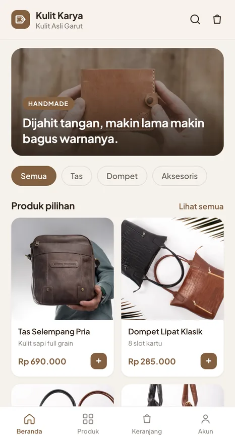 Contoh tampilan toko Kulit Karya, kategori Tas dan aksesoris
