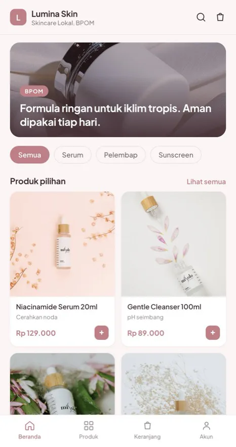 Contoh tampilan toko Lumina Skin, kategori Skincare lokal
