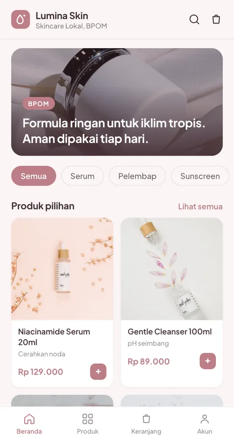 Contoh tampilan toko Lumina Skin, kategori Skincare lokal