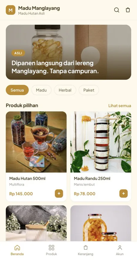 Contoh tampilan toko Madu Manglayang, kategori Herbal dan madu