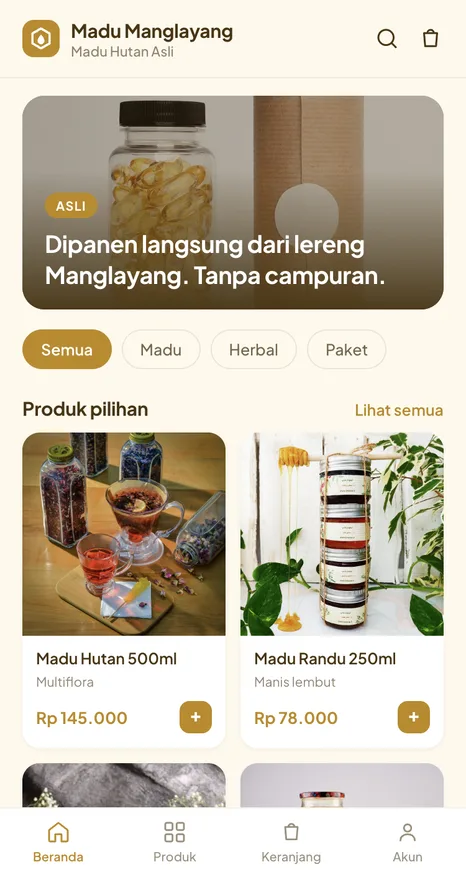 Contoh tampilan toko Madu Manglayang, kategori Herbal dan madu
