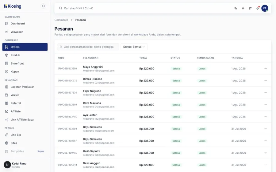 Daftar pesanan di dashboard Klosing lengkap dengan status pembayaran